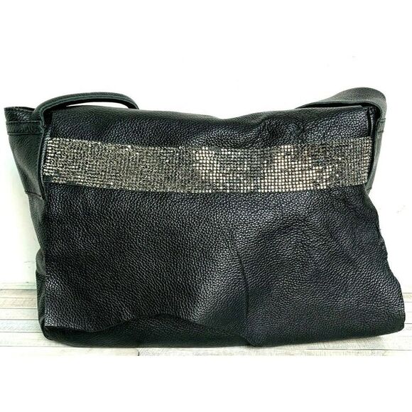 MMN CRYSTAL RAW EDGE BLACK GENUINE LEATHER FLAP SHOULDER BAG XBODY MESSENGER - Picture 2 of 12